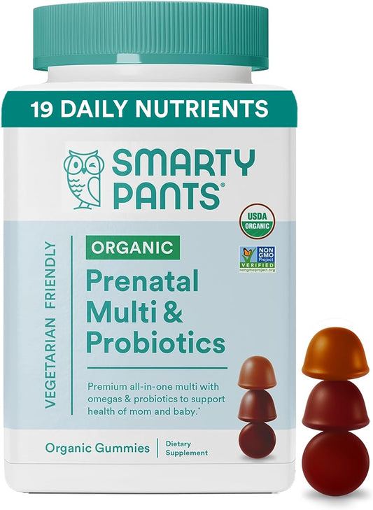 SmartyPants Organic Prenatal Vitamins for Women, Multivitamin Gummies: Probiotics, Biotin, Methylfolate, Omega 3 (ALA), Vitamin D3, C, Vitamin B12, B6, A, K2 & Zinc, Choline, 120 Count (30 Day Supply)