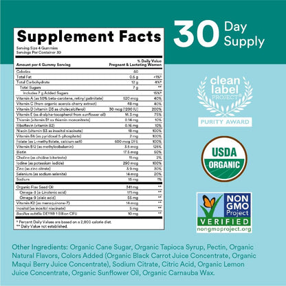 SmartyPants Organic Prenatal Vitamins for Women, Multivitamin Gummies: Probiotics, Biotin, Methylfolate, Omega 3 (ALA), Vitamin D3, C, Vitamin B12, B6, A, K2 & Zinc, Choline, 120 Count (30 Day Supply)