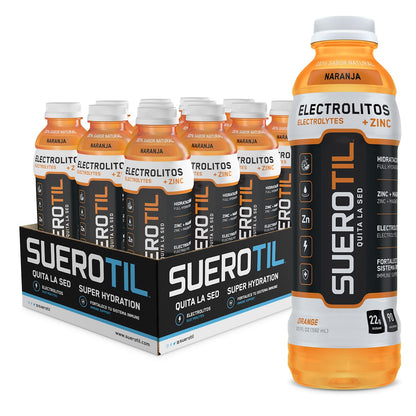 Suerotil - Full Hydration Beverage, Sugar Free, With Electrolytes, Zinc, Calcium, Magnesium - Orange, 12oz (12 Bottles)