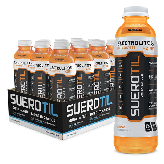 Suerotil - Full Hydration Beverage, Sugar Free, With Electrolytes, Zinc, Calcium, Magnesium - Orange, 12oz (24 Bottles)