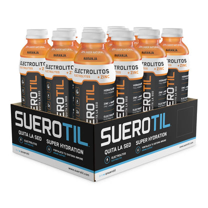Suerotil - Full Hydration Beverage, Sugar Free, With Electrolytes, Zinc, Calcium, Magnesium - Orange, 12oz (12 Bottles)