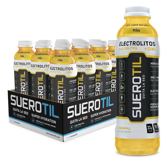 Suerotil - Sugar-Free Full Hydration Beverage,  Electrolytes & Zinc, Immune Support - Pineapple, 20oz Bottles (12-Pack)
