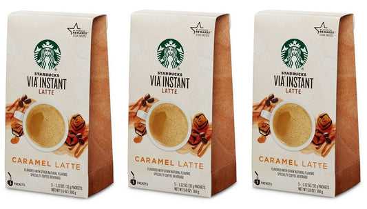 Starbucks - VIA Instant Caramel Latte - 100% Arabica Micro-Ground Coffee, Creamy Natural Caramel - Caramel Latte, 3 Boxes x 5 Packets (15 Packets Total)