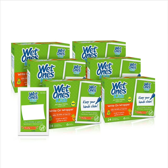 Wet Ones Kids Writable Wrapper Antibacterial Hand Wipe Singles, 24 Ct, Fruity Fresh Scent, 6 PACK