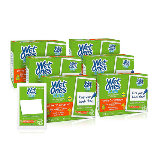 Wet Ones Kids Writable Wrapper Antibacterial Hand Wipe Singles, 24 Ct, Fruity Fresh Scent, 6 PACK
