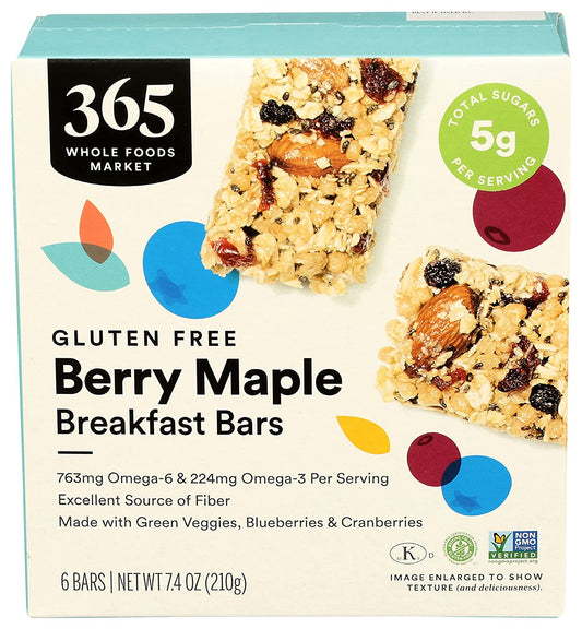 365 Whole Foods Market - Breakfast Bar - Gluten Free, Excellent Fiber, Omega-3, Omega-6 | Berry Maple, (24) Bars