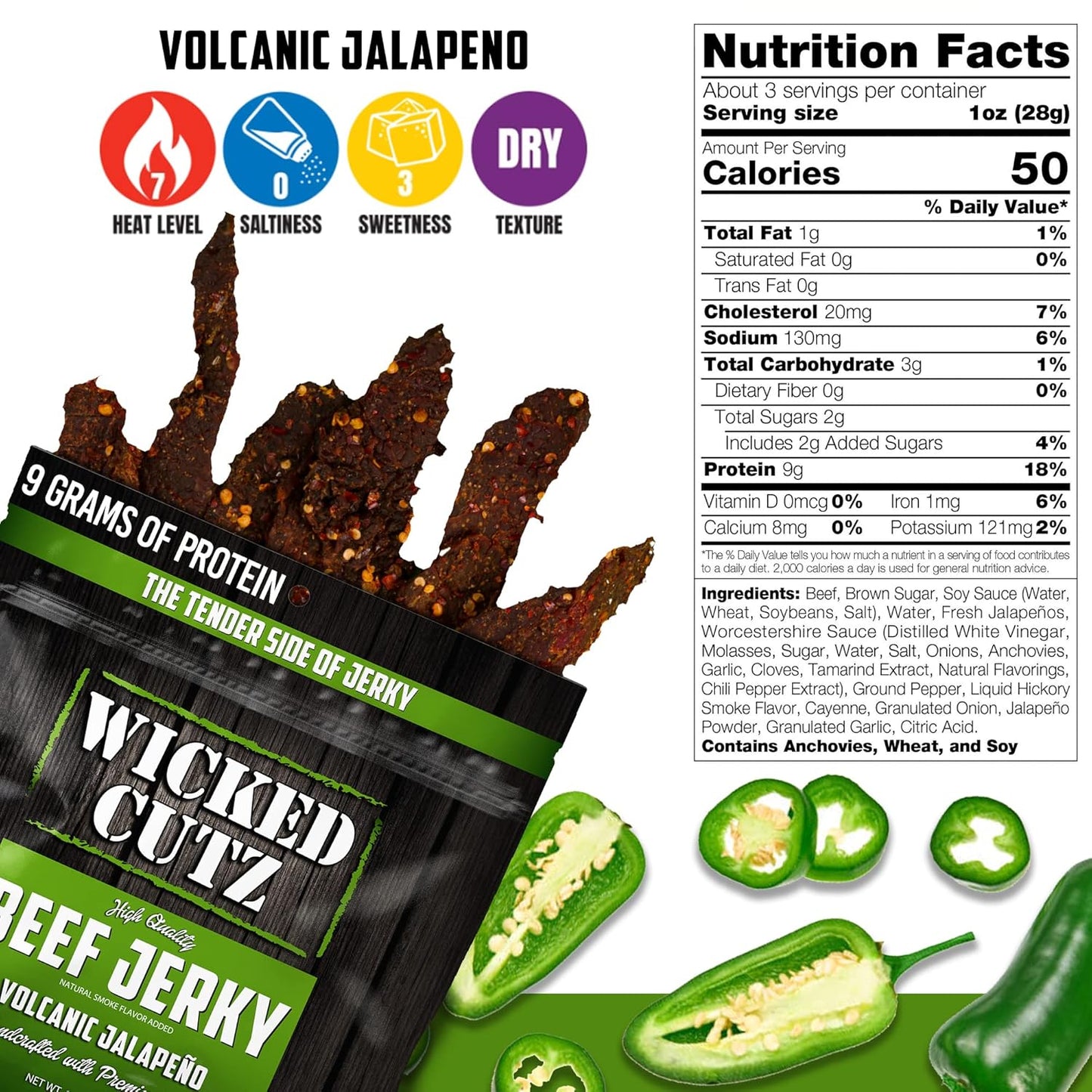 Wicked Cutz - Volcanic Jalapeno Spicy Beef Jerky Tender, Flavorful, Easy to Chew Premium Jerky with 27g Protein Per Bag Carnivore Diet Snacks, Made with Fresh Jalapeno Peppers (2 Bags)